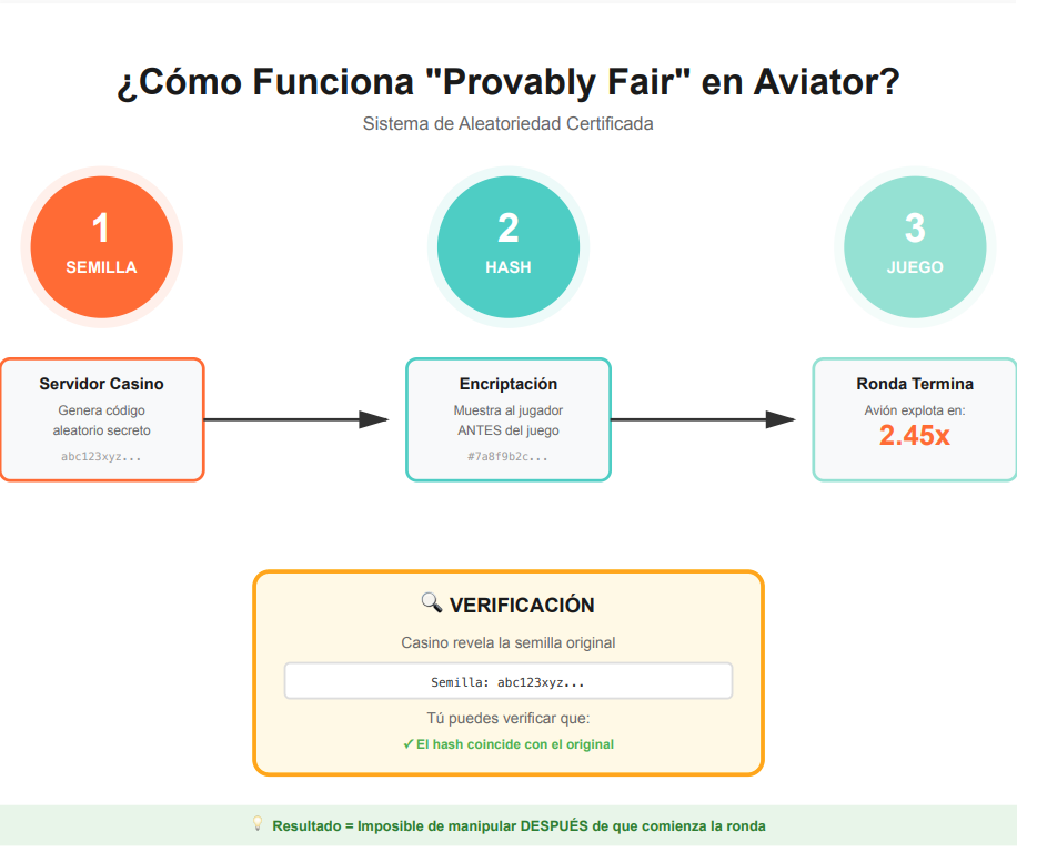 Diagrama explicativo de cómo funciona Provably Fair en Aviator